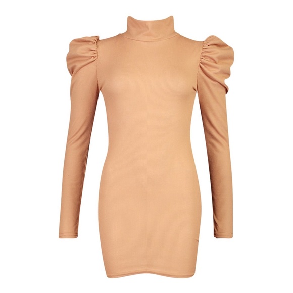 🆕 RIBBED CAMEL HIGH NECK PUFF SLEEVE MINI DRESS! - Picture 8 of 8